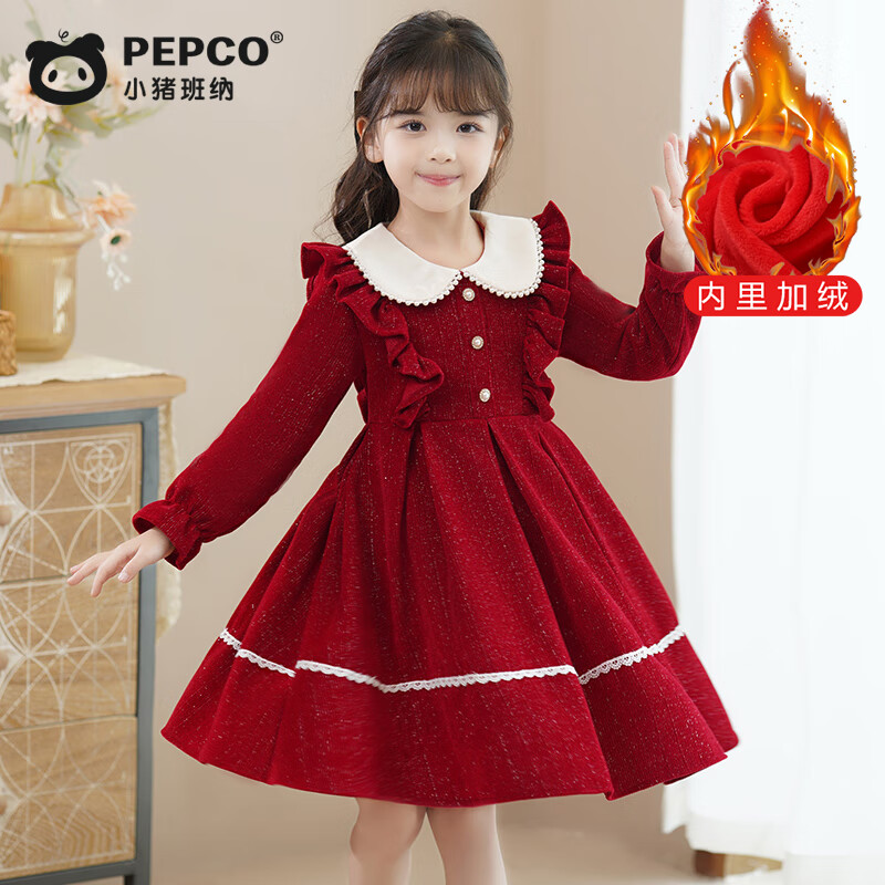 PEPCO Girls' Winter Red Dress Fleece-Lined Children's Winter Dress Princess Dress Red Size 100