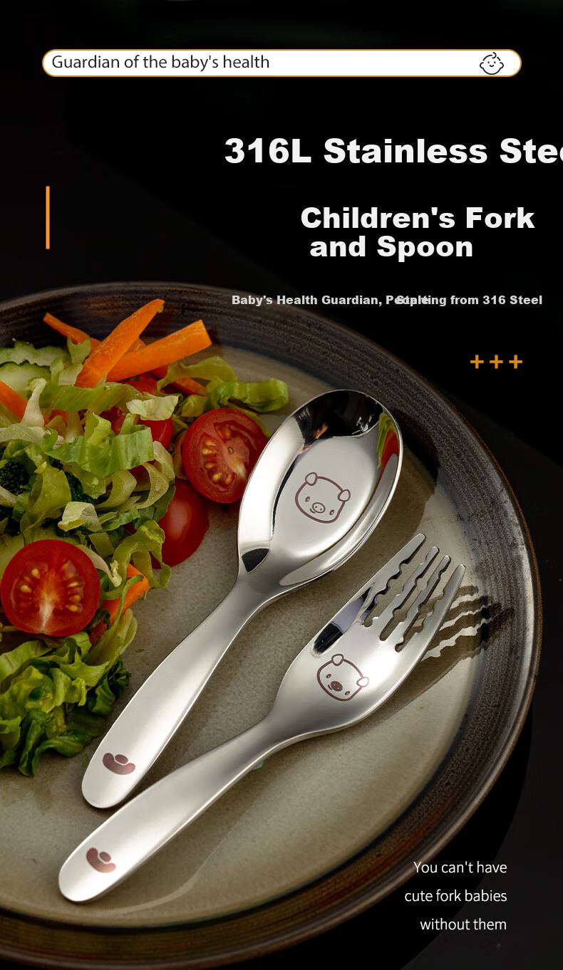 Guangyi 316L Stainless Steel Spoon Children's Fork Spoon Cartoon Spoon Baby Feeding Spoon Training Spoon Baby Tableware GY1279 1