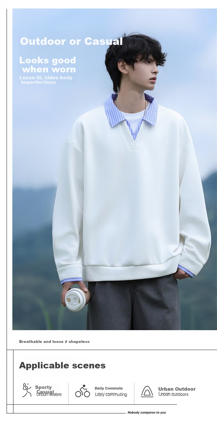 Homlean Men's Two-Piece Style Lapel Sweatshirt Autumn Winter American Trendy Loose Casual Top HP02 Navy Blue 2XL 2