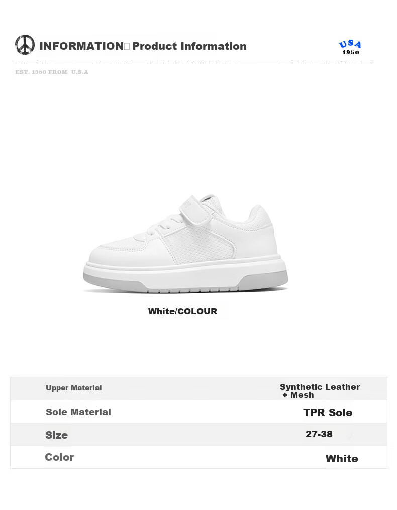 SNOOPY Children's Shoes, Kids' Sneakers, Student Skateboard Shoes, Boys And Girls School White Shoes, 583A White Leather, Size 36 2