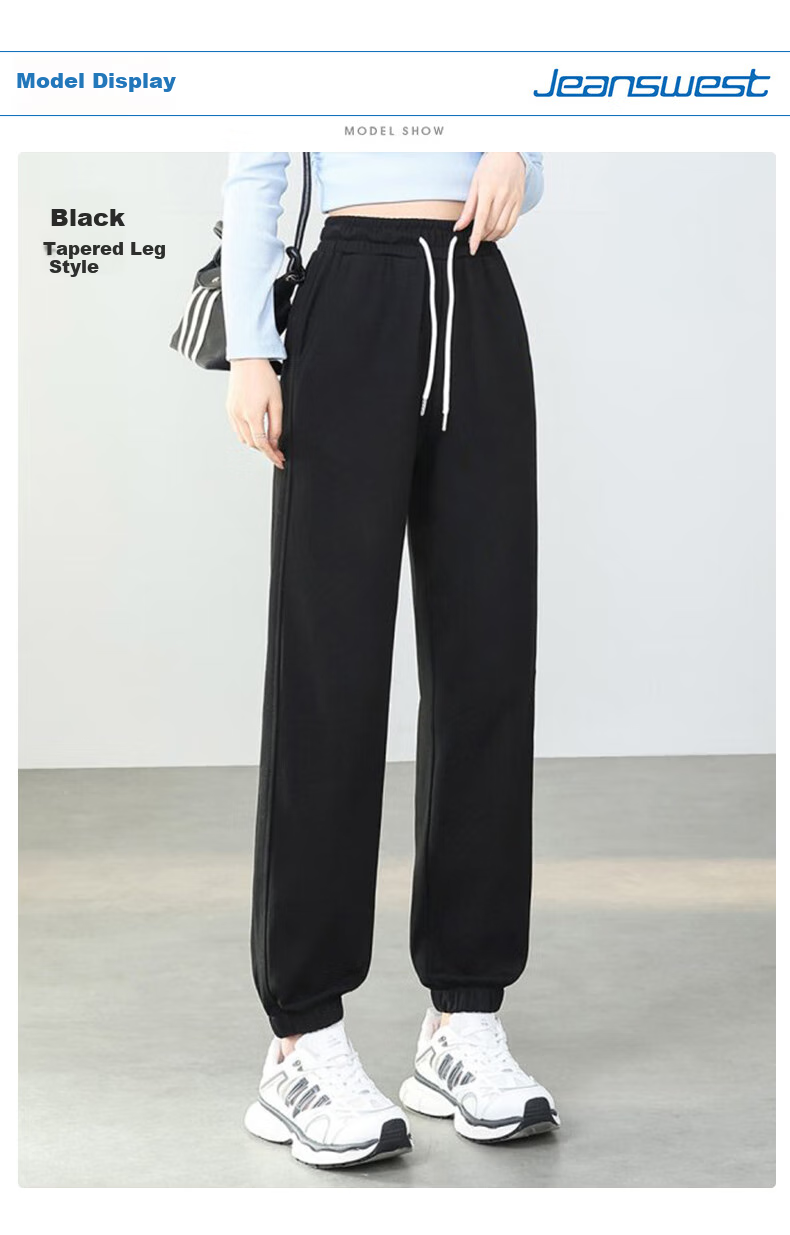Jeanswest Women's Summer High-Waist Draped Drawstring Loose American-Style Sporty Curved Wide-Leg Pants Black M 9