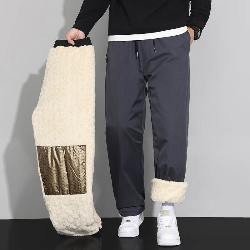 LangSha Men's Lamb Fleece Thermal Pants Winter 2025 New Graphene Knee Protection Fleece Lined Thickened Cotton Casual Trousers