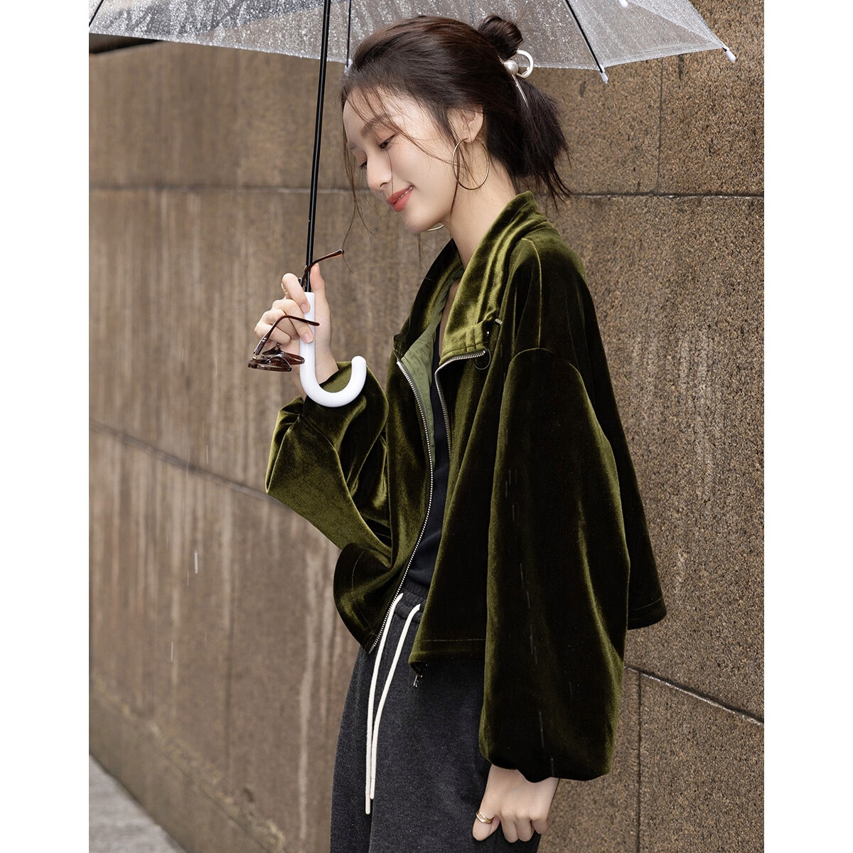 Demana Modern Luxury Spring Autumn Glossy Elegant Velvet Stand Collar Lantern Sleeve Adjustable Drawstring Hem Jacket for Women