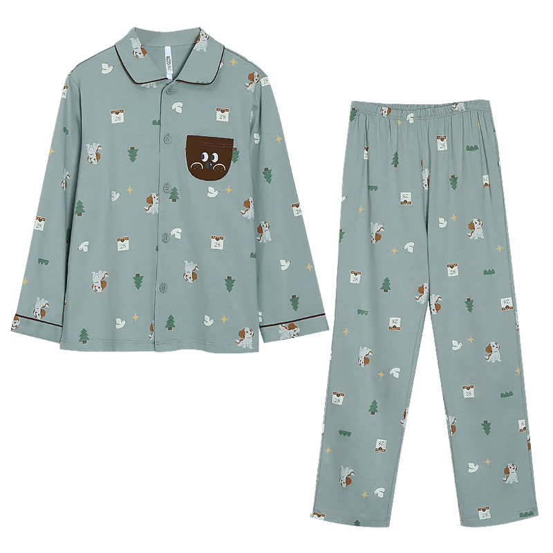 Hodohome Boys' Pajamas, Class A Pure Cotton Home Wear, Cartoon Print Long-Sleeve Cardigan Set, Size 105 140