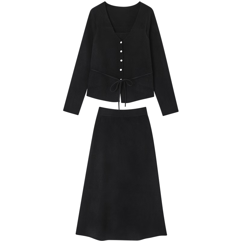Demana Luxury Quiet Two-Piece Set Winter Faux Two-Piece V-Neck Pearl Button Cardigan with Tie Waist Knit Skirt Women's Set