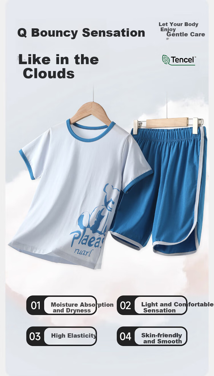 Dingguagua Children's Pajamas for Boys, Summer Thin Lyocell Cotton Sleepwear, Air Conditioning Wear, Big Kids Short-Sleeve Set 7