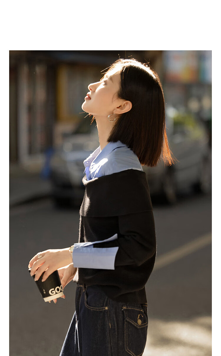 Demana Spring Design Faux Two-Piece Colorblock Wool Blend Knit Sweater with Lapel and Drop Shoulder Long Sleeve Top for Women 4