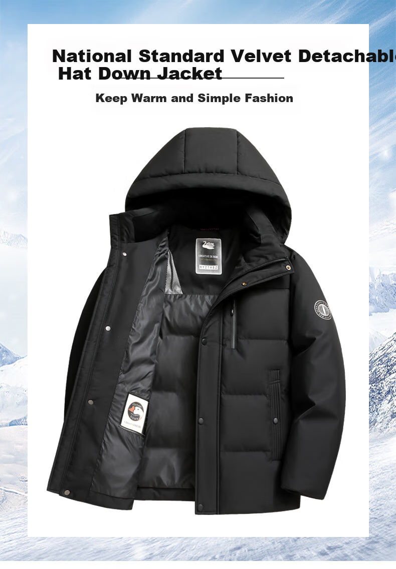 SNOWFLYING Men's Short down Jacket with Detachable Hood, Thickened Warm Casual Business Autumn And Winter Coat, Men's Clothing Size 170 1