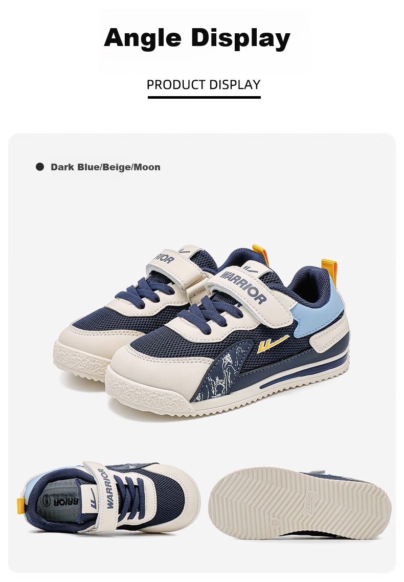 Warrior Children's Shoes, Boys' Running Shoes, Breathable Mesh Upper, Kids' Sneakers, WZ(CL)-1020, Navy Blue/beige/moon Color, Size 35 9