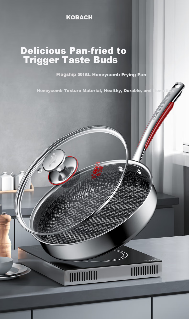 KBH Flagship S Model 316L Stainless Steel Flat Bottom Pan Honeycomb Non-Stick Pan for Home Use, Steak Frying, Pancake Cooking, Egg Frying, Compatible with Induction Cooker 3