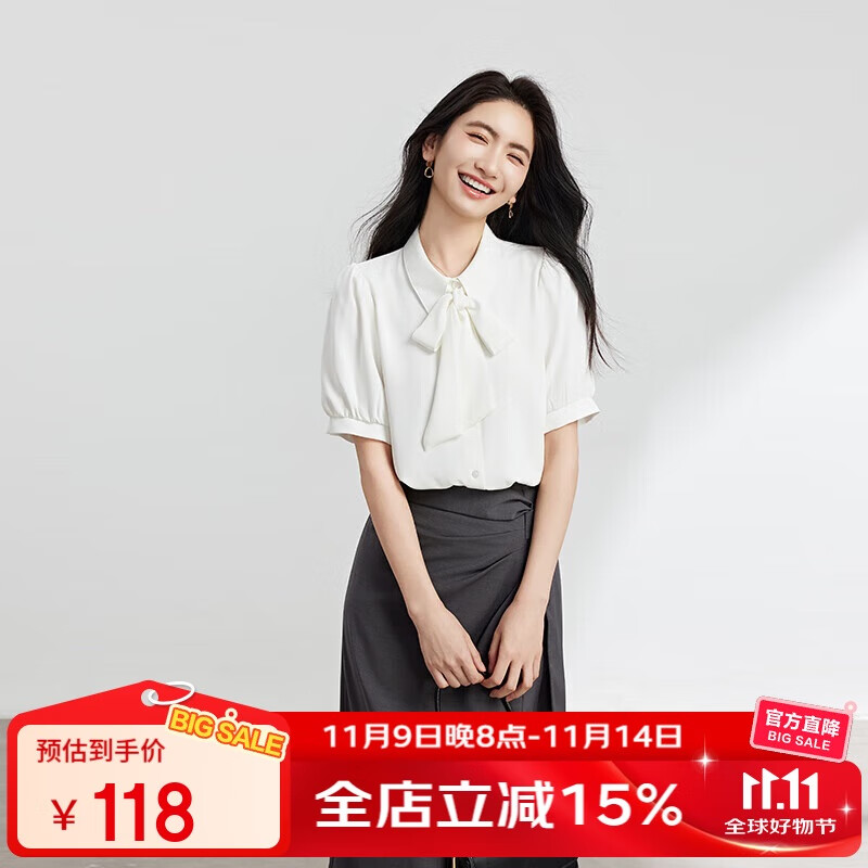 Bodexiaojie White Bow-Tie Blouse for Women, Stylish Tie-Up Short-Sleeve Top, Elegant Office Wear for White-Collar Professionals, XL