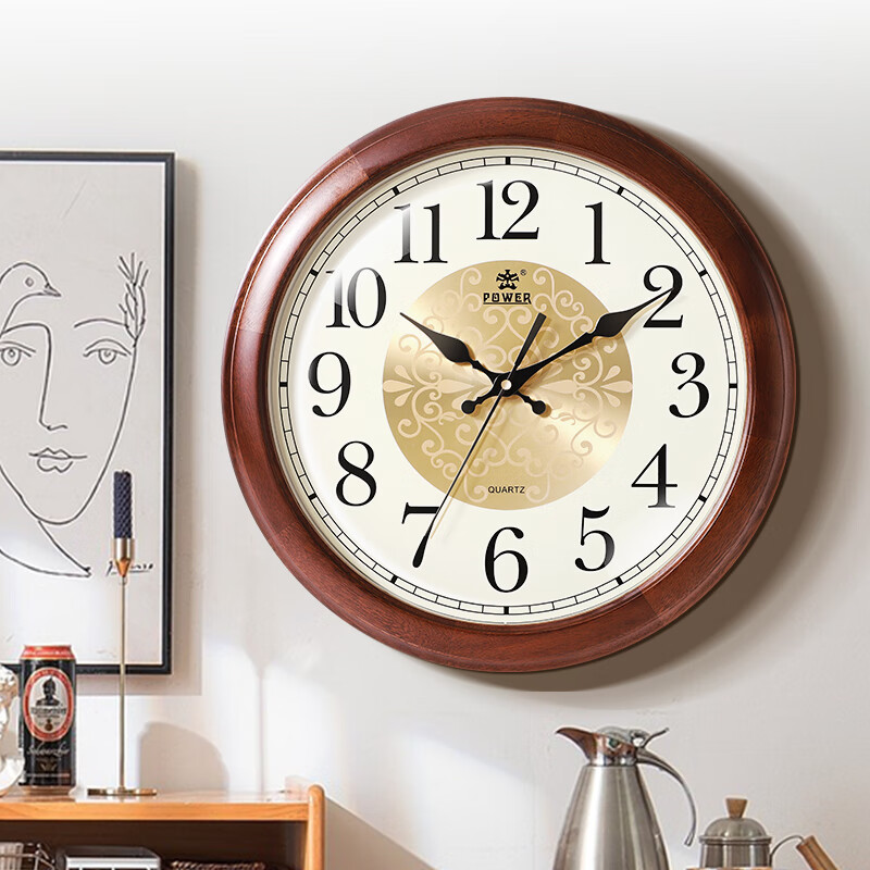 POWER Bawang Solid Wood Wall Clock Living Room 2024 New Large Size Simple Quartz Clock Office 40cm