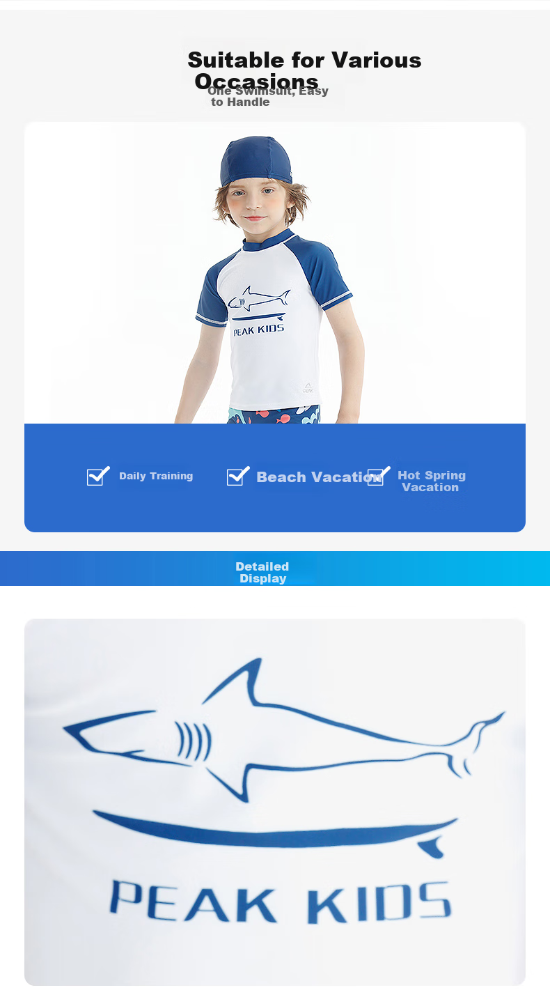 PEAK Children's Swimwear, Boys' Short-Sleeve Two-Piece Swimsuit with Trunks, Hot Spring Swimming Suit Set Including Swim Cap And Goggles, Size 110 5