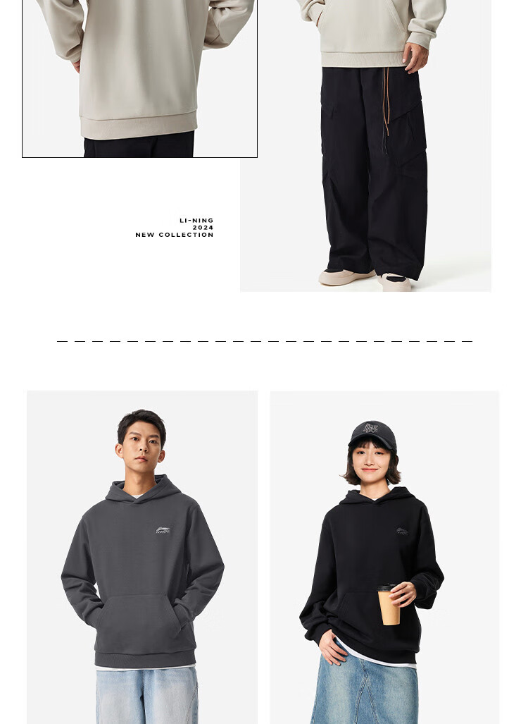 LI-NING Men's and Women's Couple Matching Fleece-Lined Warm Hoodie Loose Casual Sportswear Sweatshirt 11