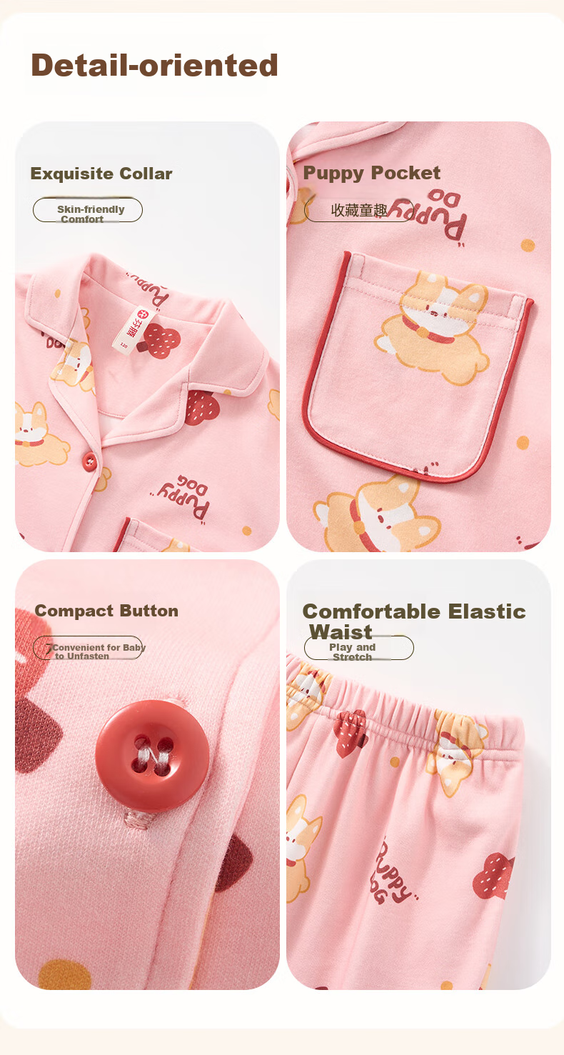 Fenteng Children's Pajamas for Girls, Antibacterial Pure Cotton Spring Cartoon Long-Sleeve Sleepwear for Older Kids 7