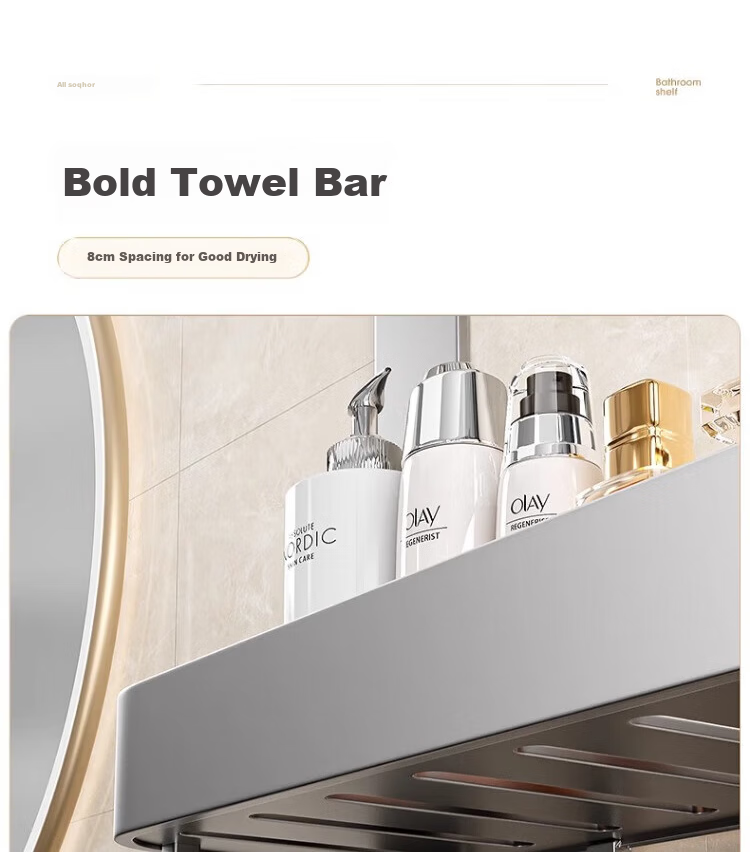 Jiabangshou Bathroom Storage Rack, No Drilling Required, Towel Rack, Bathroom Accessories Organizer, Space Aluminum Wall-Mounted Towel Rack - 2 Layers 10