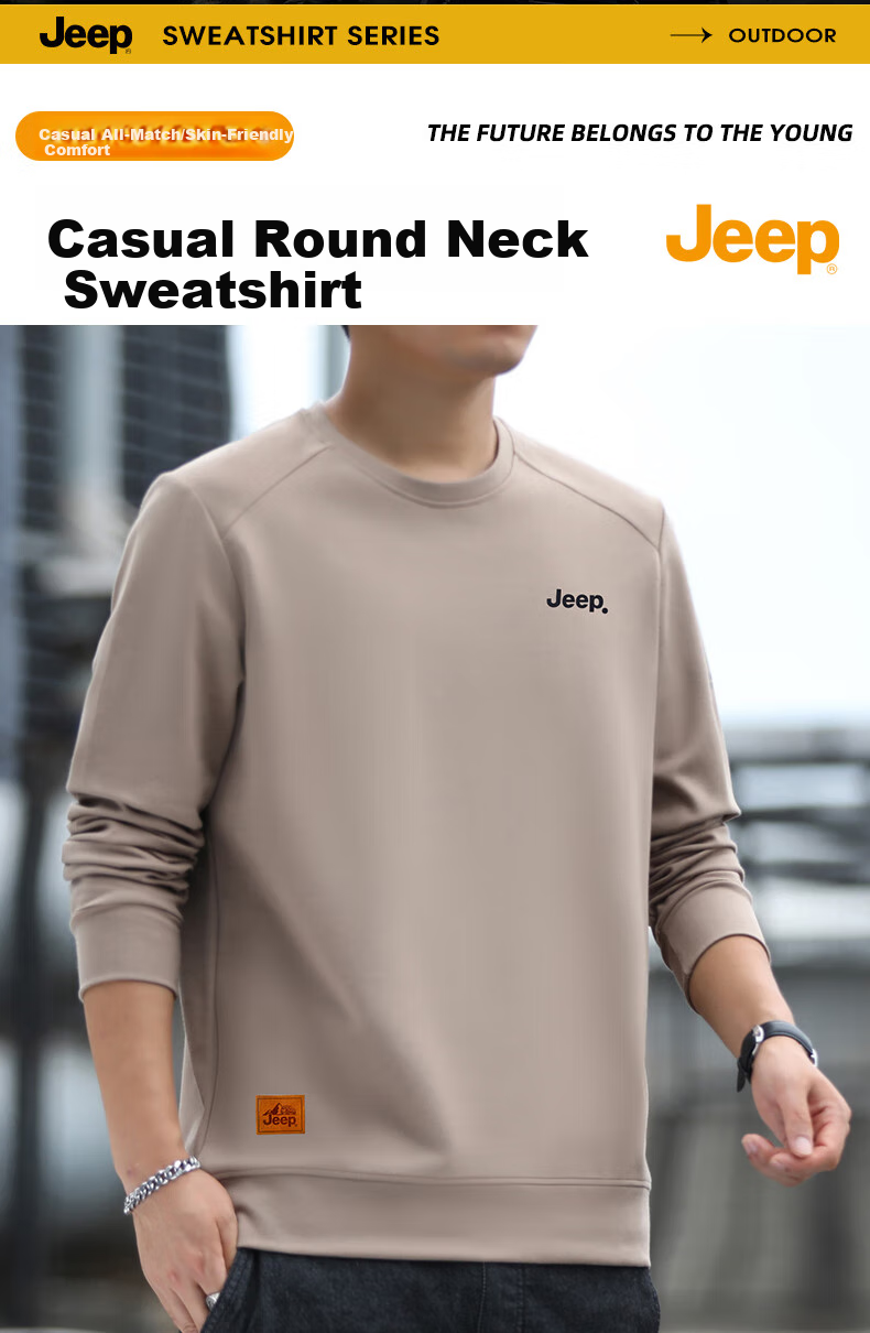 JEEP Men's Sweatshirt, Loose-Fitting Long-Sleeve T-Shirt for Autumn, Versatile Round Neck Undershirt, Casual Menswear, Black, Size L 1