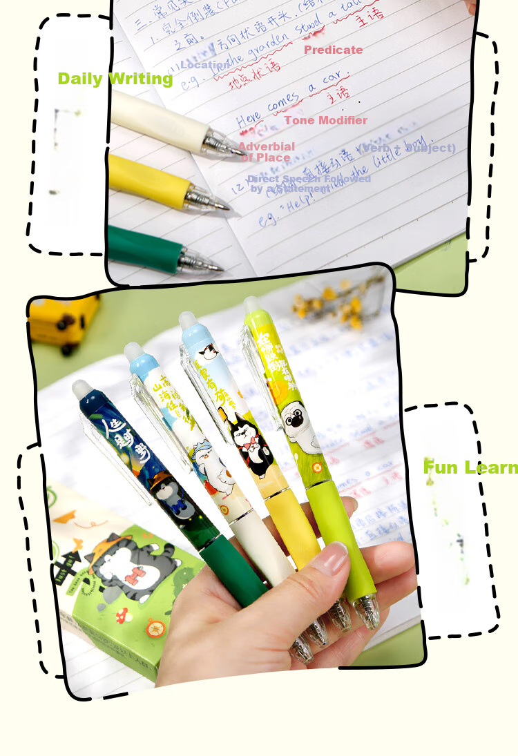 COMIX Erasable Gel Pen, Wu Huang Co-Branded Retractable Pen with Bullet Tip 0.5mm Blue, Cartoon High-Quality Signature Pen for Elementary School Students, 4 Pens EWHGP0102 6