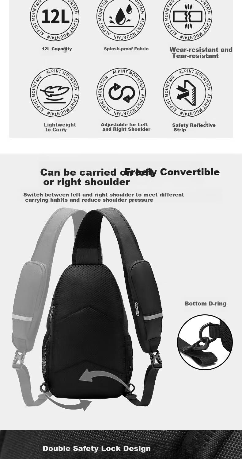 ALPINT MOUNTAIN Er'mengdu 12L Commuter Crossbody Bag, Large Capacity Chest Bag, Sports Outdoor Hiking Cycling Pack, Trekking Backpack for Me 2