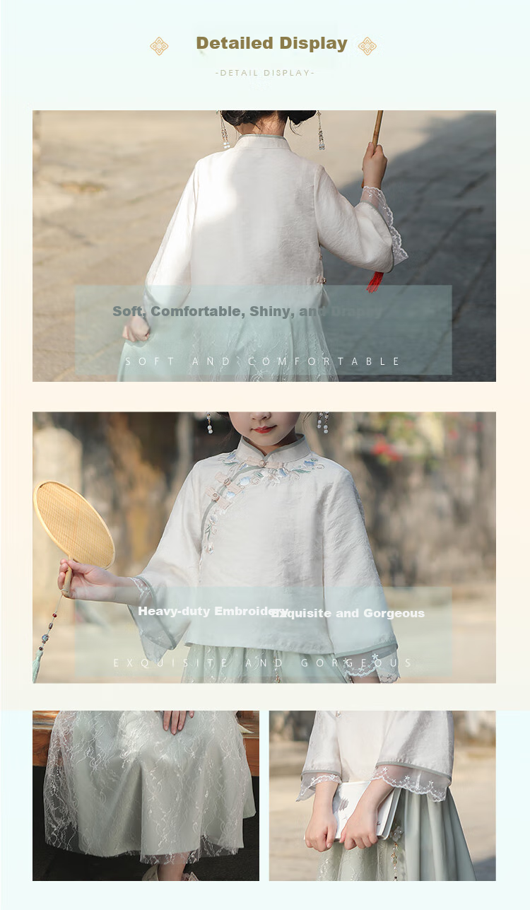 Qibo Hanfu Girls' Spring And Autumn Mid-Autumn Festival Kindergarten Performance Children's Chinese-Style New Traditional Set, Qingdai Long Sleeve, Size 100 1