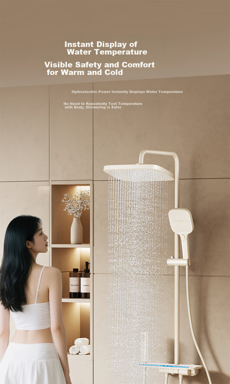 MICOE Constant Temperature Shower Set, High-Pressure Brass Shower Head with Piano Key Digital Display And Ambient Light, Cream White Shower Head Complete Set M7+Plus 5