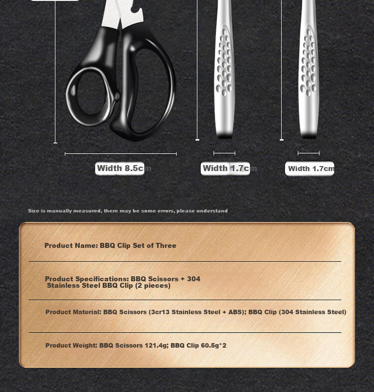 BJ Stainless Steel Barbecue Tongs Set of Three, Steak And Meat Tongs, Kitchen Utensils, Barbecue Scissors, Food Clamps Set 13