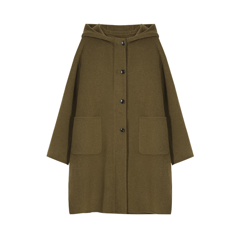 Demana College Style Winter Hooded Long Sleeve Mid-Length Wool Coat with Front Pockets and Open Placket