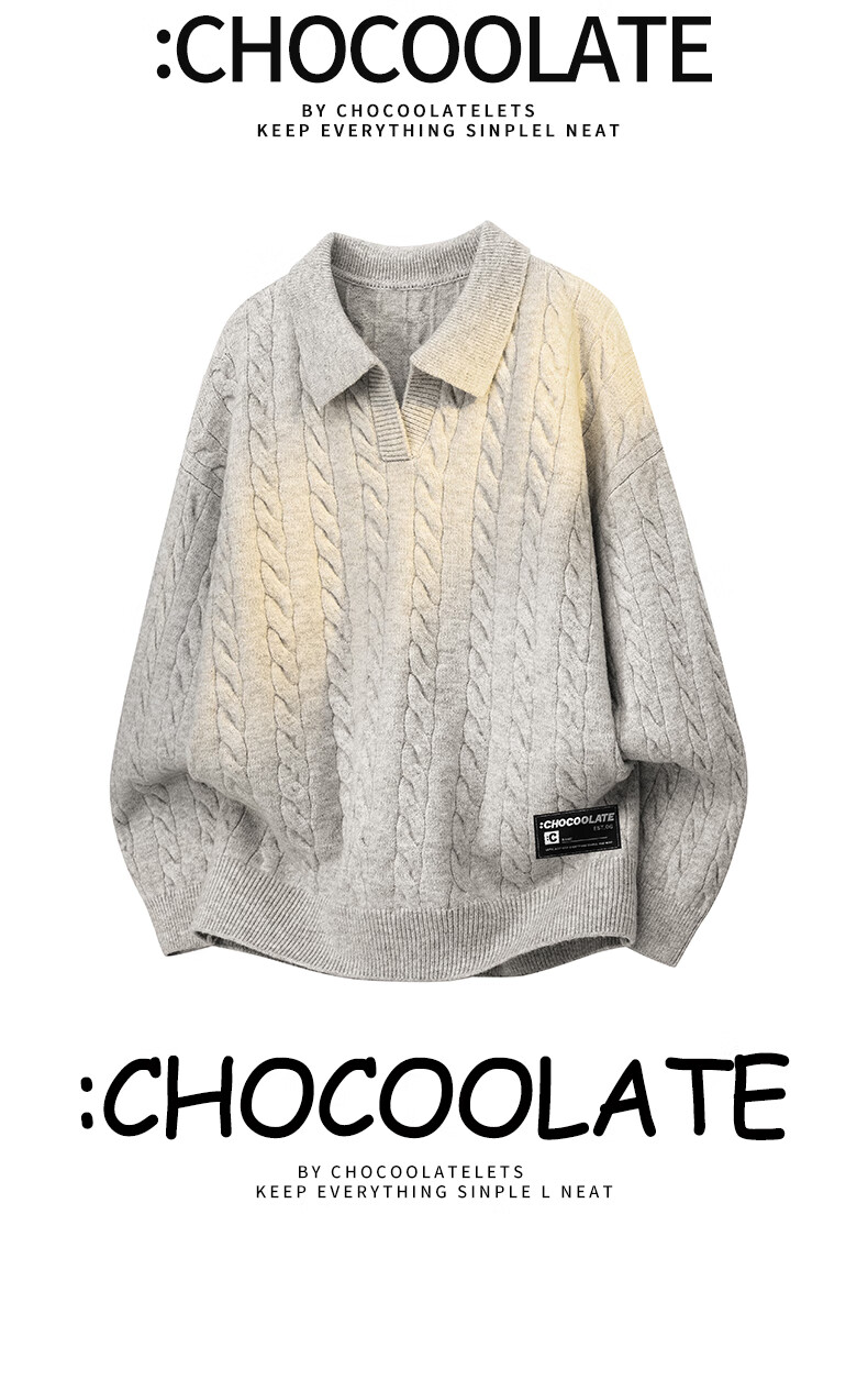 :CHOCOOLATE Vintage Style Polo Collar Knit Sweater Men Autumn New Trendy Loose Casual Pullover Morning Light Apricot 2XL 2