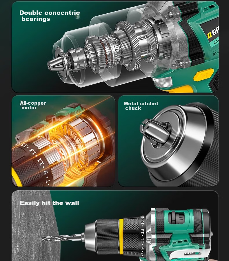 GREENER 21V Brushless Steel Cannon Lithium Drill, 55N.M Electric Drill, Rechargeable, Multi-Functional [Includes 27 Drill Bits] 9