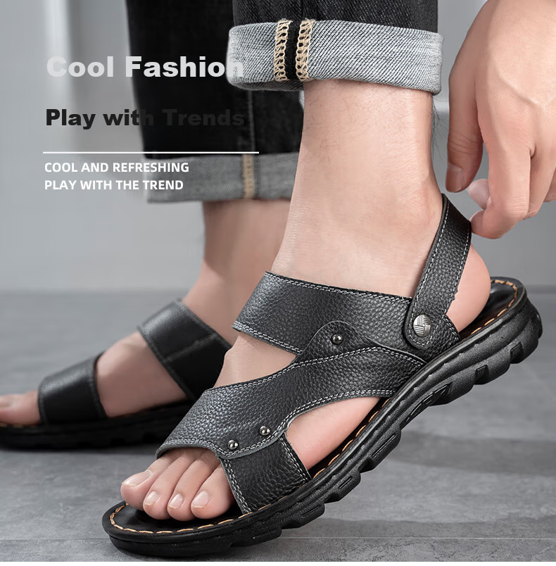 MEXICAN Top-Grain Leather Sandals for Men, Beach Shoes, Men's Slippers, Hollow-Out Casual Men's Shoes, Black, Size 44 3