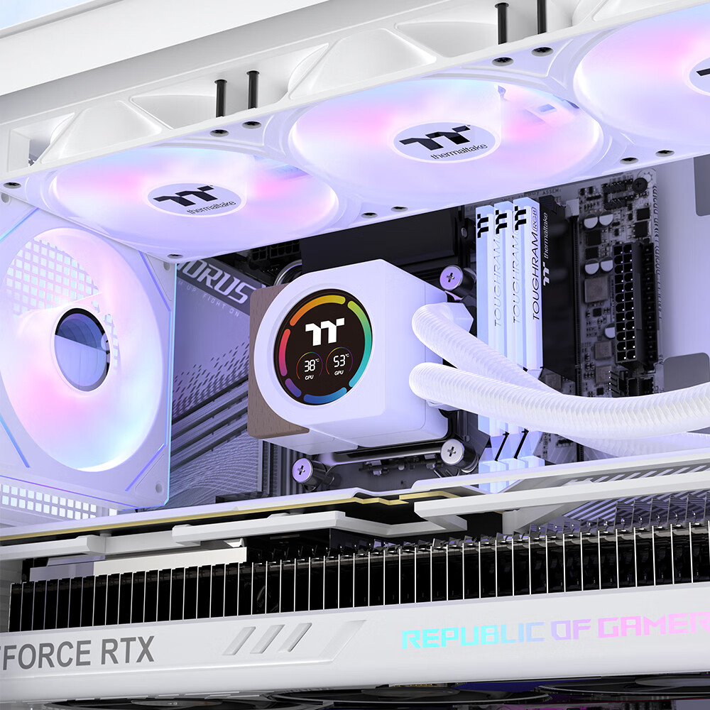 Система охлаждения Thermaltake (Tt) Steel Shadow Wood 360, СЖО для процессора, белая, с цифровым дисплеем, ARGB вентиляторами, 360мм радиатором, универсальная