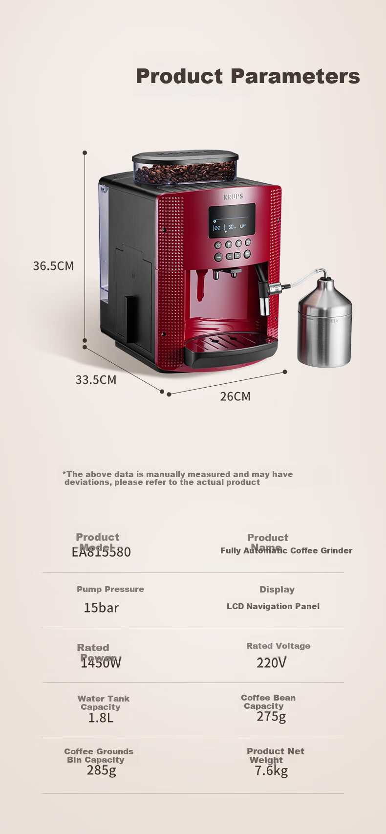 Krups German Coffee Machine for Home/Office Use, Fully Automatic Espresso Machine with Built-In Grinder, European Import EA815580 (Red) 13