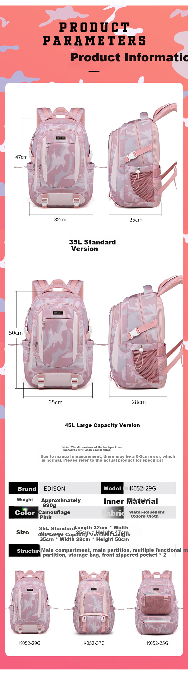 Edison High School Student Backpack for Girls, Spine Protection, Water-Resistant, Large Capacity Travel Backpack for Middle School Students K052-25G 2