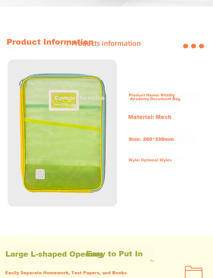 Sannianerban Zipper Large-Opening Mesh File Bag, Student Subject Bag, Handheld Book Bag, Exam-Specific Bag, Tutoring Bag, Document Storage Bag, Sea Salt Lemo 1