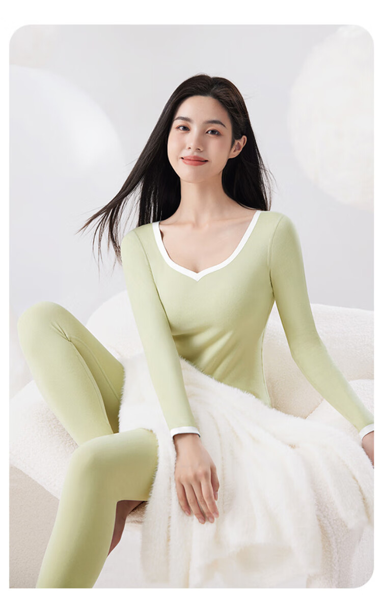 Caiyue Women's Thermal Underwear Set Antibacterial Hyaluronic Acid Heart-Shaped Neck Base Layer Fleece Medium Thickness Seagull Neck Autumn Top and Bottom 8