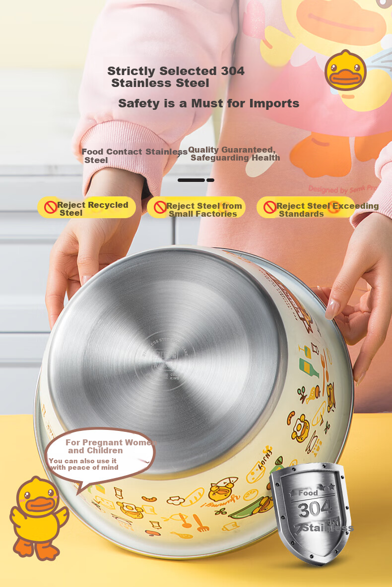 COOKER KING x Little Yellow Duck 304 Stainless Steel Bowl and Sieve 3-Piece Set Thickened Vegetable Washing, Fruit, and Dough Draining Basin 4