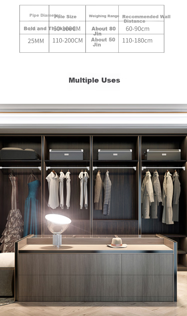 Youjialiangpin Retractable Stainless Steel Rod, No Drilling Required, Shower Curtain And Clothes Drying Rod, 25mm Diameter Tube, 160-300cm Length, Bathroom Dry-Wet Separation, Extended Curtain Rod 8