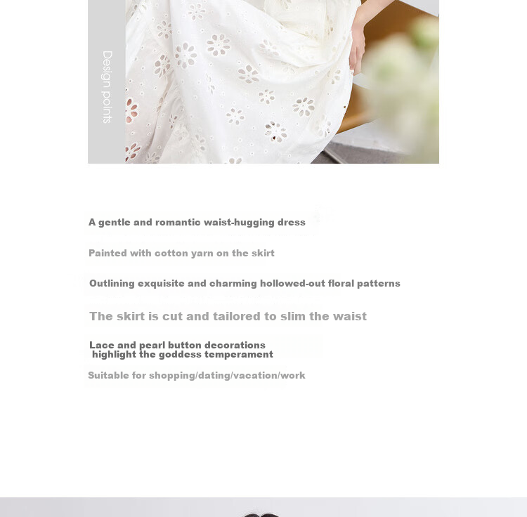 Sentubila Pure Cotton Lace V-Neck Lantern Sleeve White Dress for Women, Summer Elegant Pearl Button Embroidered A-Line Slimming Mid-Length Dress 3