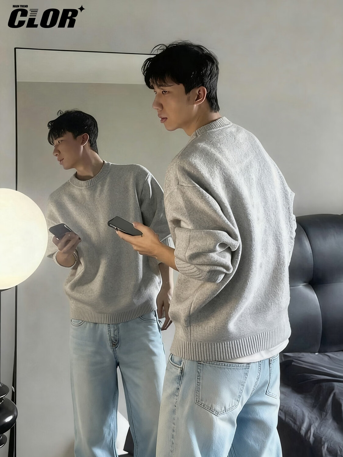 CLOR Round Neck Sweater Unisex Autumn Winter Lazy Style Knitwear Cleanfit Base Layer MYC11 Black M 3