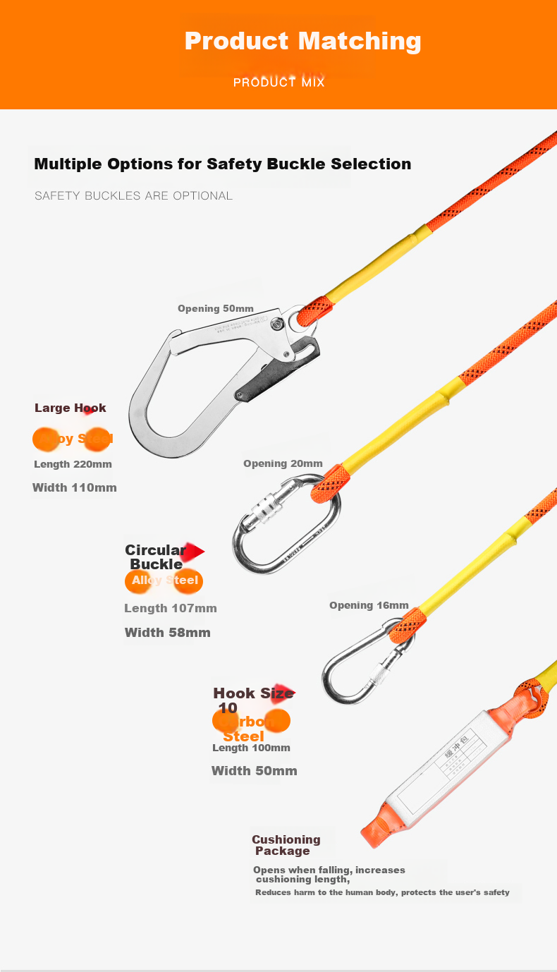 Jingte Shock-Absorbing Lanyard, High-Altitude Work Five-Point Safety Harness Shock-Absorbing Pack Specialized Accessory, Upper Body Waist Belt Hanging Strap Sling, 14mm Diameter Double Rope - 2 Meters Double Large Hook + Shock-Absorbing Pack 4