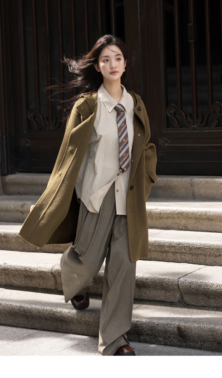 Demana College Style Winter Hooded Long Sleeve Mid-Length Wool Coat with Front Pockets and Open Placket 21