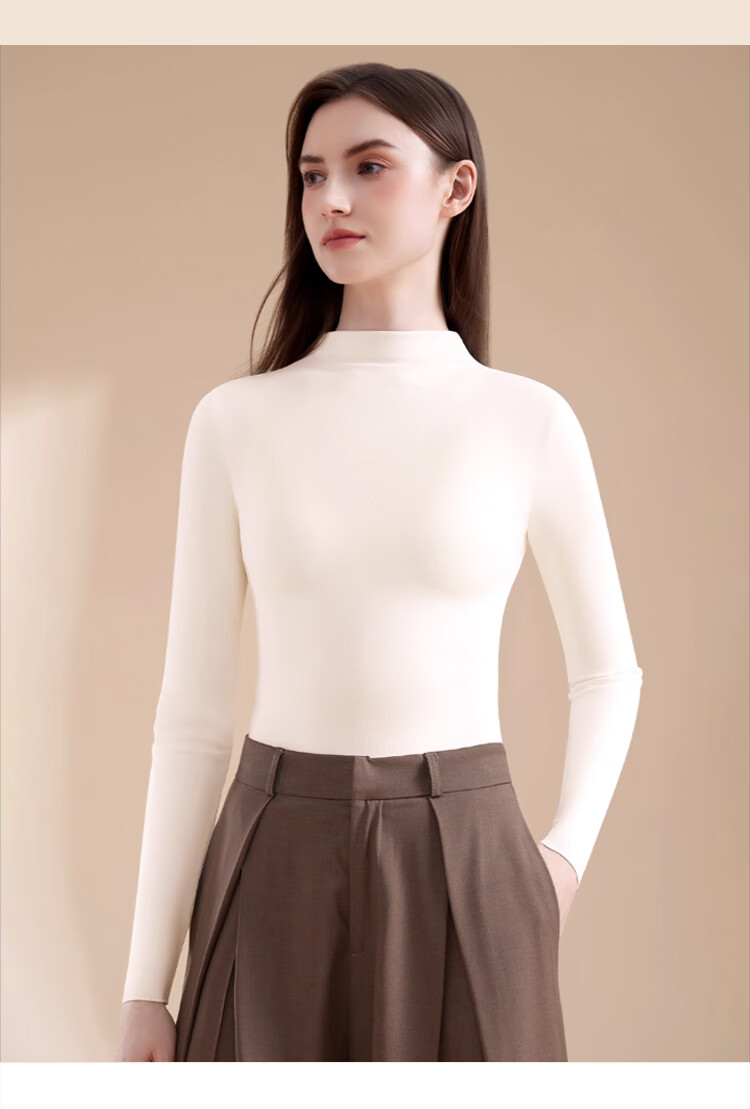MiiOW Women's Wool Mid-Neck Base Shirt 2025 Autumn Winter Solid Color Slim Fit Long Sleeve Top 14