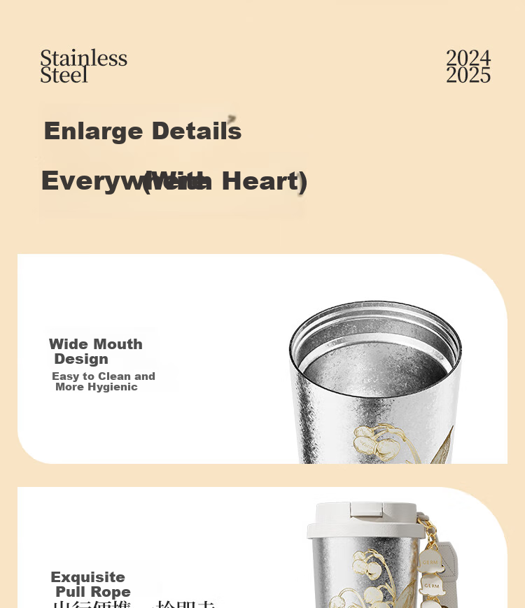 Germ Pure Titanium Insulated Mug, Van Gogh Co-Branded Dual Drinking Straw Coffee Water Cup, Goddess Gift Titanium Cup 500ML Lily of The Valley 23