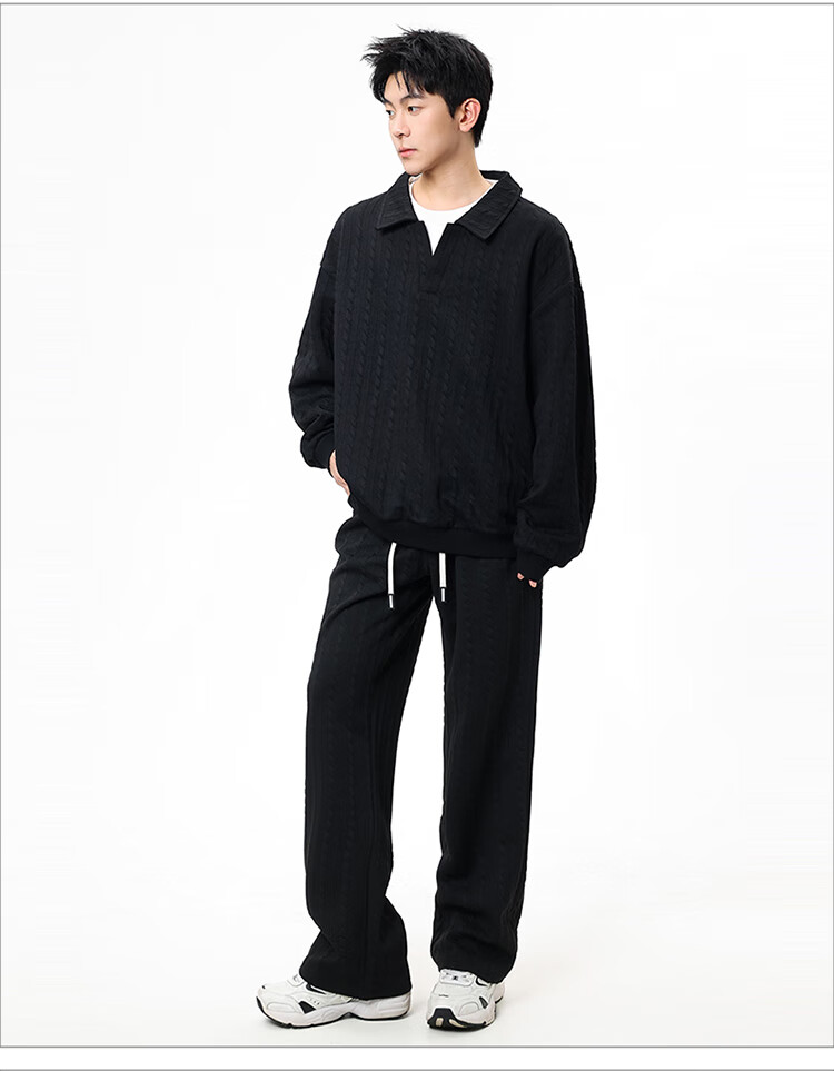 Dingfengbaoluo Men's Autumn Loose Comfortable Sports Sweatshirt and Pants Two-Piece Jacquard Casual Set XY12 Black 4XL 2