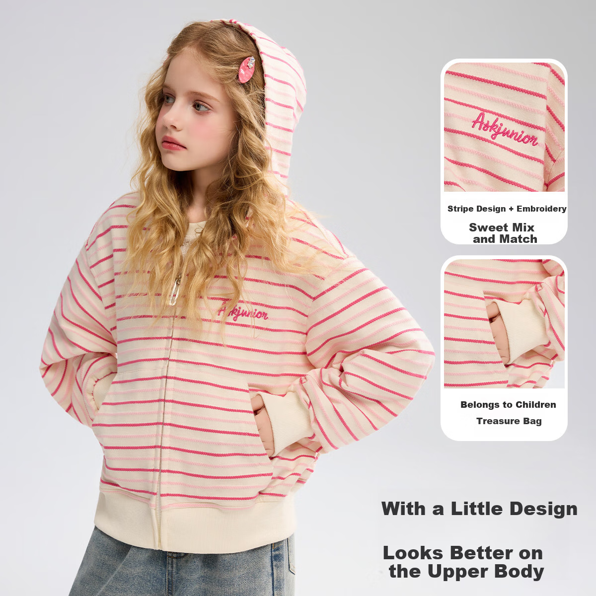 ASK JUNIOR Children's Jacket, Fall 2026 Collection, Striped Color-Block Design for Older Girls, Soft And Skin-Friendly Hooded Coat