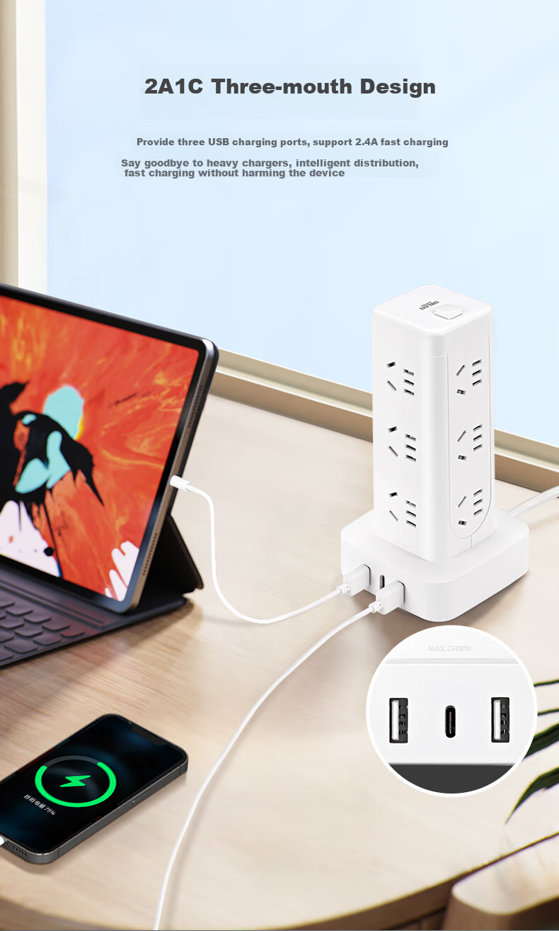 DELIXI Floor-Standing Socket/tower Desktop Socket/power Strip/extension Cord/extension Board/power Bar/power Strip with Master Switch, 8 Outlets, Five-Hole, 1.7 Meters 6