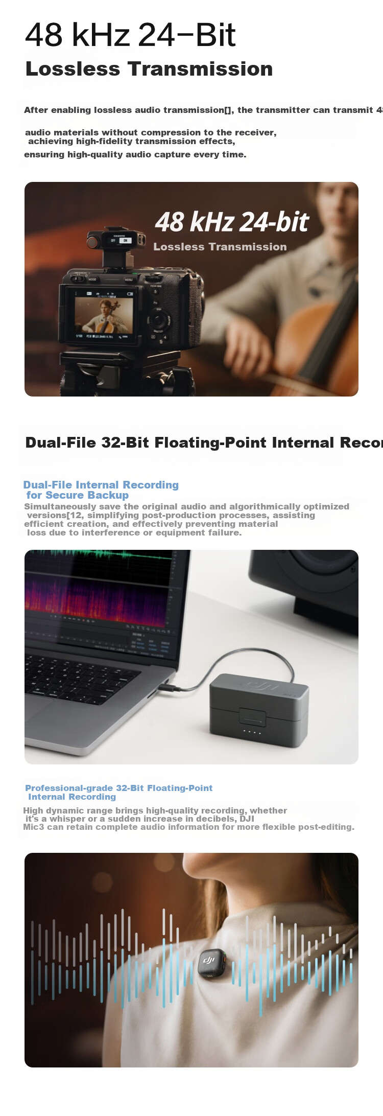 DJI Mic 3 Advanced Mini Wireless Microphone, Interview Live Clip-On Microphone with Two Mics (Including Charging Case), Compatible with Apple 15-17 Series + Android + Camera 7
