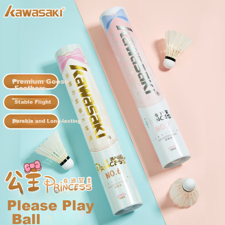 Kawasaki Badminton Shuttlecocks, Durable And Stable for Competition And Training, Goose Feather, Princess in Flight, Size 6, Pack of 12
