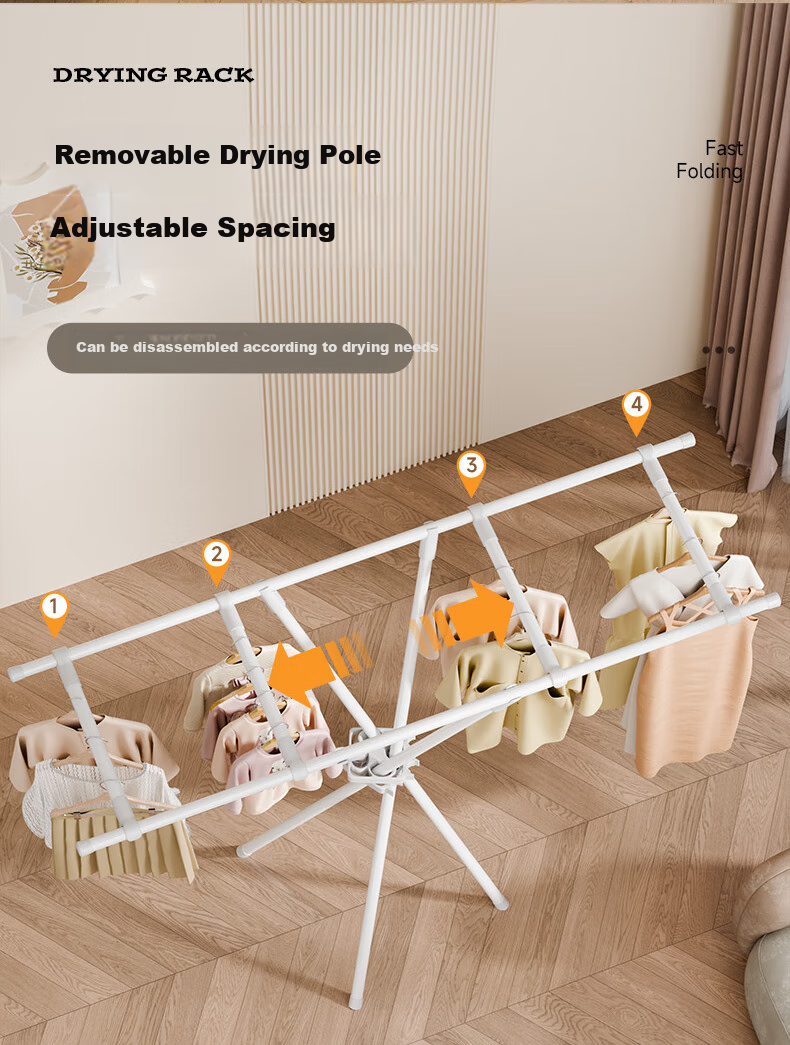 Cenggao Foldable Clothes Drying Rack, No Installation Required, Indoor Balcony Adjustable Height Clothes And Quilt Drying Stand, Milk White Color, Adjustable Height 1.5 Meters 8