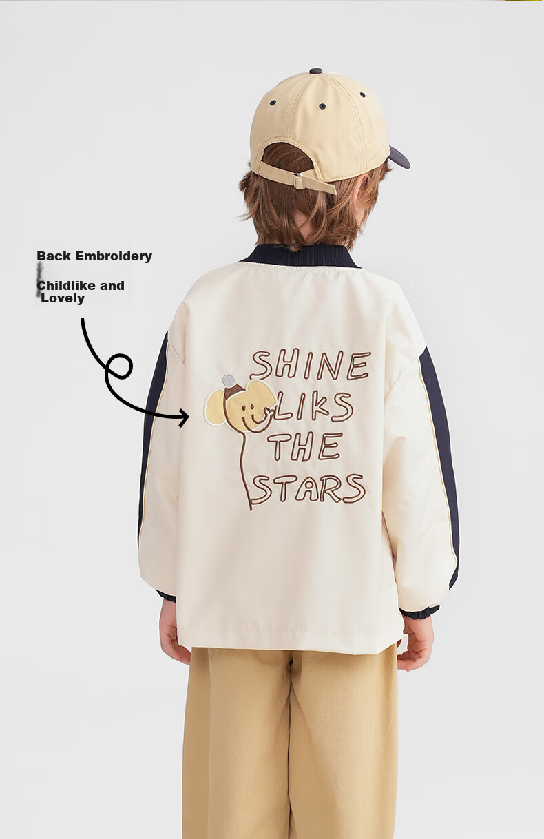 MOMOCO Children's Jacket for Boys, Baseball Collar Stylish Coat, Autumn 2025 Collection, Off-White, Size 120 4